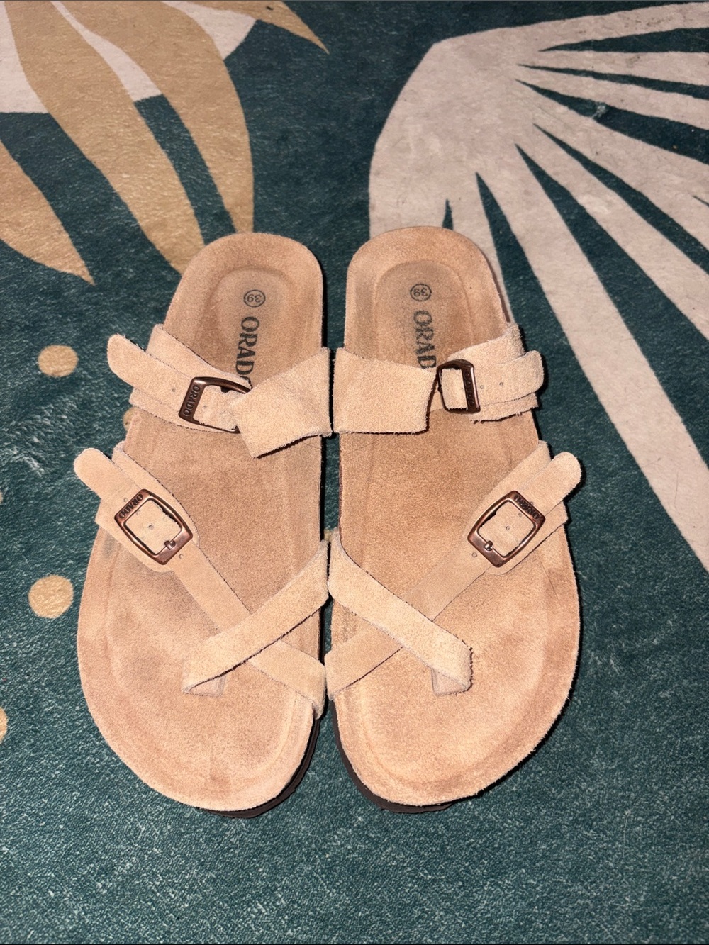 Suede Buckle Slide Sandals - Beige